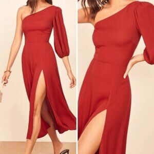 Reformation Lawrence One Shoulder Midi Dress in Crimson Red